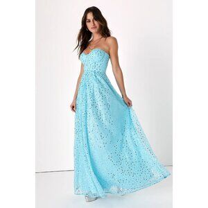 NWT Lulus Radiant Reflection Light Blue Sequin Tulle Strapless Maxi Dress Blue L